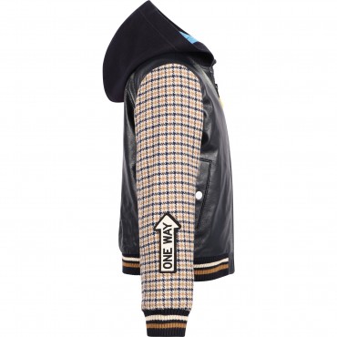 NYC Patch Logo Leather Bomber Jacket in Navy and Beige NYC Patch Logo Leather Bomber Jacket in Navy and Beige