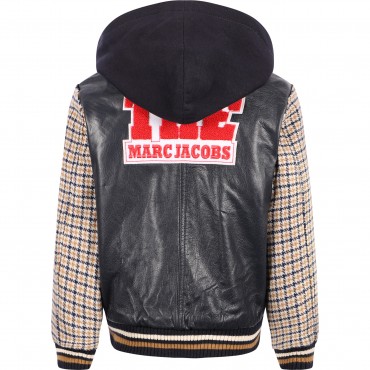 NYC Patch Logo Leather Bomber Jacket in Navy and Beige NYC Patch Logo Leather Bomber Jacket in Navy and Beige