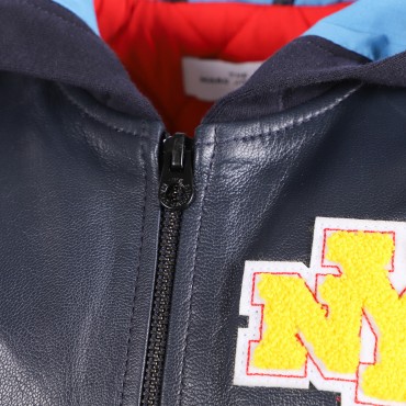 NYC Patch Logo Leather Bomber Jacket in Navy and Beige NYC Patch Logo Leather Bomber Jacket in Navy and Beige