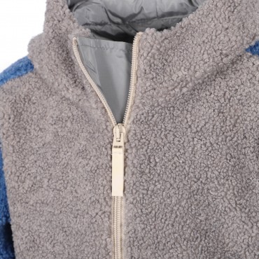 Patchwork Teddy Half-Zip Jacket in Blue, Grey and White Patchwork Teddy Half-Zip Jacket in Blue, Grey and White