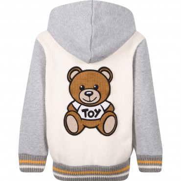 Teddy Logo Knit and Jersey Hooded Jacket in White and Grey Teddy Logo Knit and Jersey Hooded Jacket in White and Grey