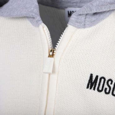 Teddy Logo Knit and Jersey Hooded Jacket in White and Grey Teddy Logo Knit and Jersey Hooded Jacket in White and Grey