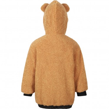 Contrasting Logo Pockets Faux Fur Hooded Jacket in Brown Contrasting Logo Pockets Faux Fur Hooded Jacket in Brown