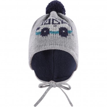 Car Print Woolen Pom Pom Cap in Grey Car Print Woolen Pom Pom Cap in Grey
