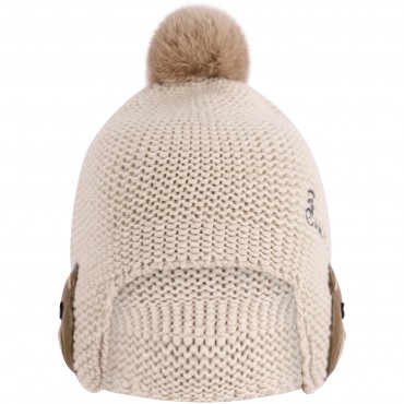 Mink Pom Pom Cashmere Winter Cap with Ear Flaps in Beige Mink Pom Pom Cashmere Winter Cap with Ear Flaps in Beige