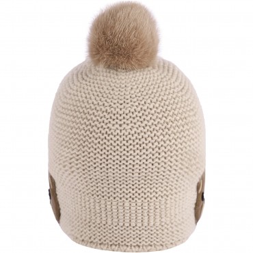 Mink Pom Pom Cashmere Winter Cap with Ear Flaps in Beige Mink Pom Pom Cashmere Winter Cap with Ear Flaps in Beige