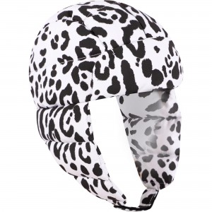 Leopard Print Padded Logo Ear Flaps Cap in White and Black Leopard Print Padded Logo Ear Flaps Cap in White and Black