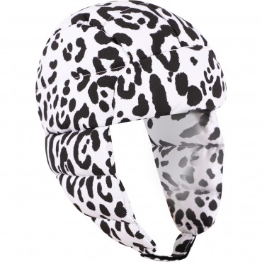 Leopard Print Padded Logo Ear Flaps Cap in White and Black Leopard Print Padded Logo Ear Flaps Cap in White and Black