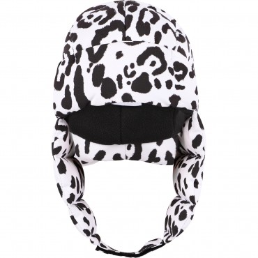 Leopard Print Padded Logo Ear Flaps Cap in White and Black Leopard Print Padded Logo Ear Flaps Cap in White and Black