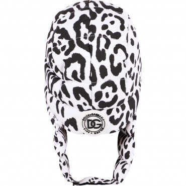 Leopard Print Padded Logo Ear Flaps Cap in White and Black Leopard Print Padded Logo Ear Flaps Cap in White and Black