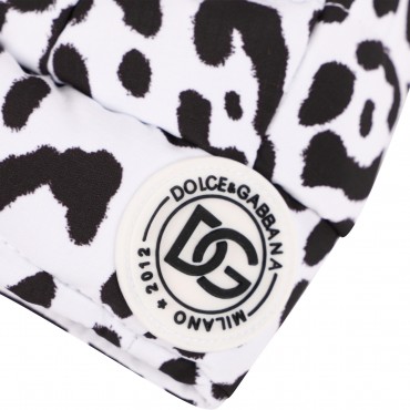 Leopard Print Padded Logo Ear Flaps Cap in White and Black Leopard Print Padded Logo Ear Flaps Cap in White and Black