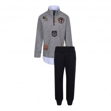 Logo Patches Half Zip Sweatshirt and Track Pants Set in Grey and Black Logo Patches Half Zip Sweatshirt and Track Pants Set in Grey and Black